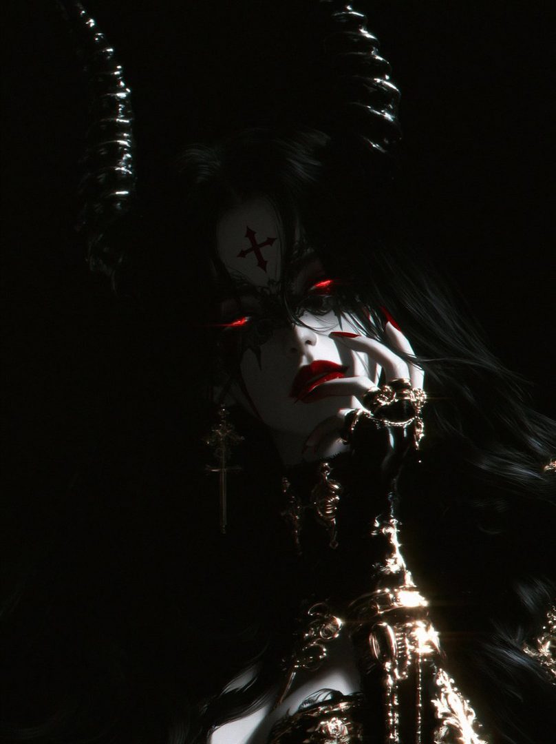 A dark, gothic portrait of a woman with long black hair, red eyes, and horns, wearing ornate jewelry.