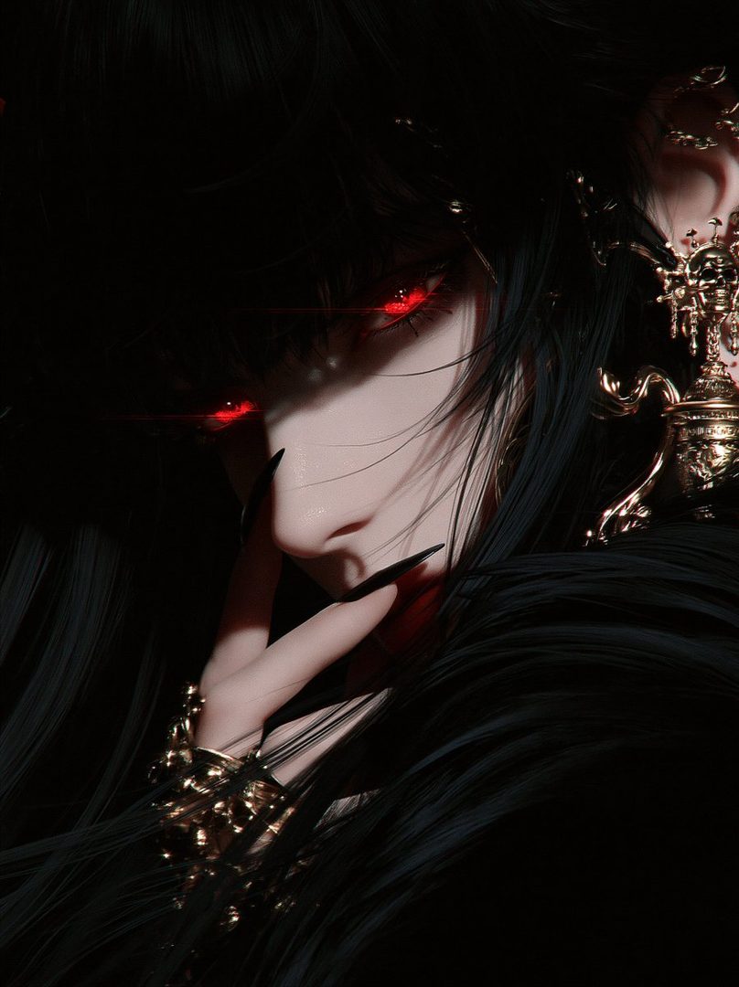 A close-up portrait of a person with long black hair and glowing red eyes, wearing ornate gold jewelry.