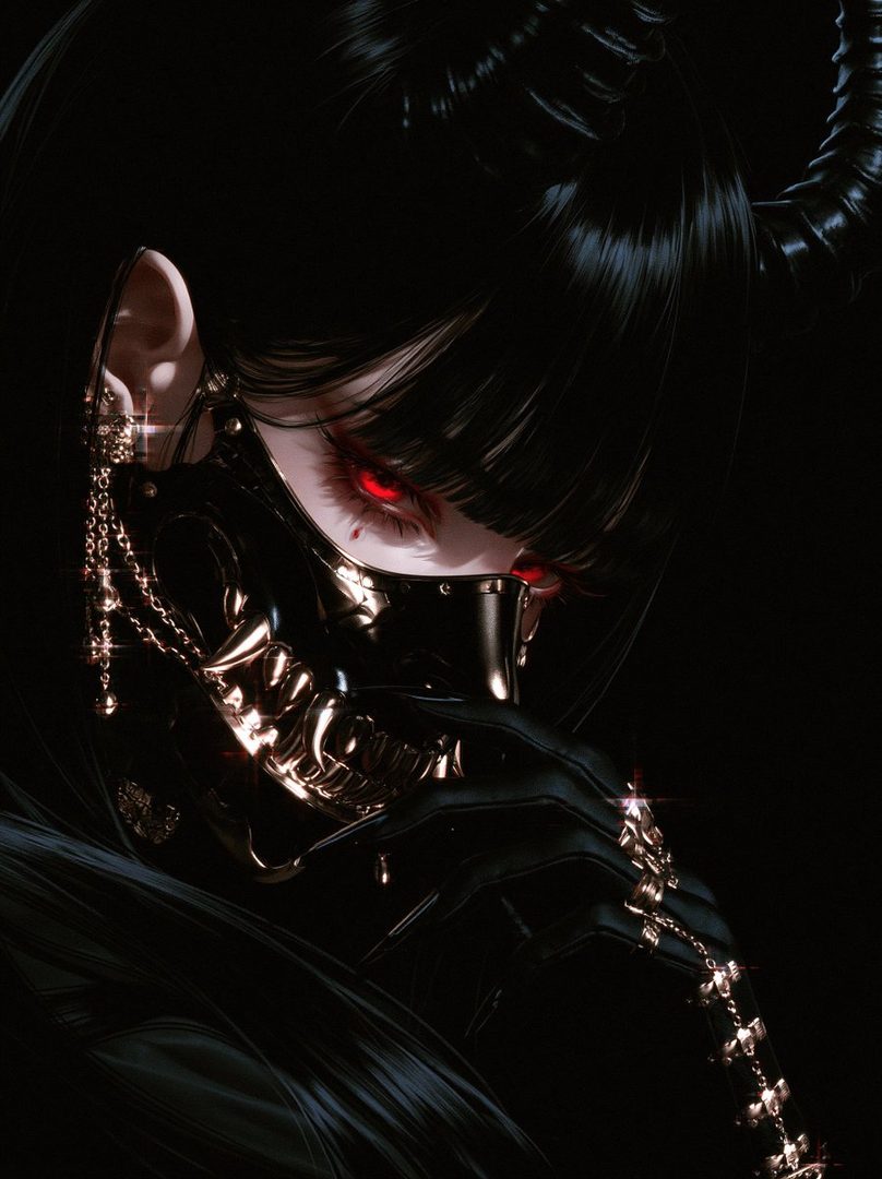 A close-up portrait of a woman with black hair, wearing a black and gold mask and gloves, with glowing red eyes.