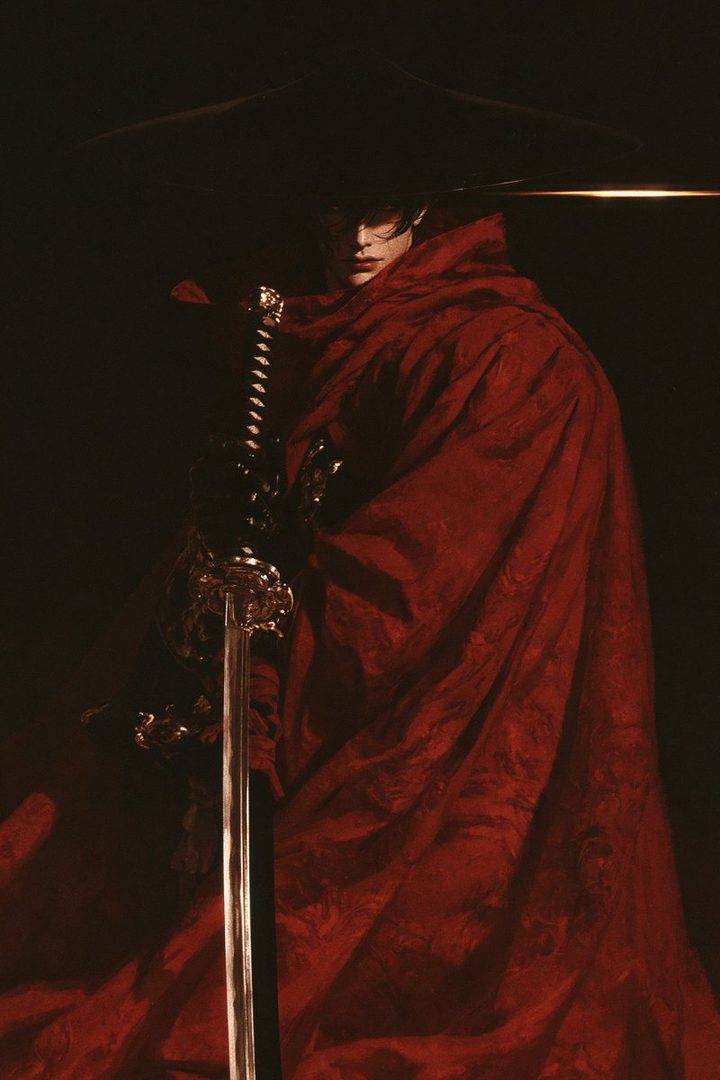 A person in a red cloak holds a sword, with a dark background.