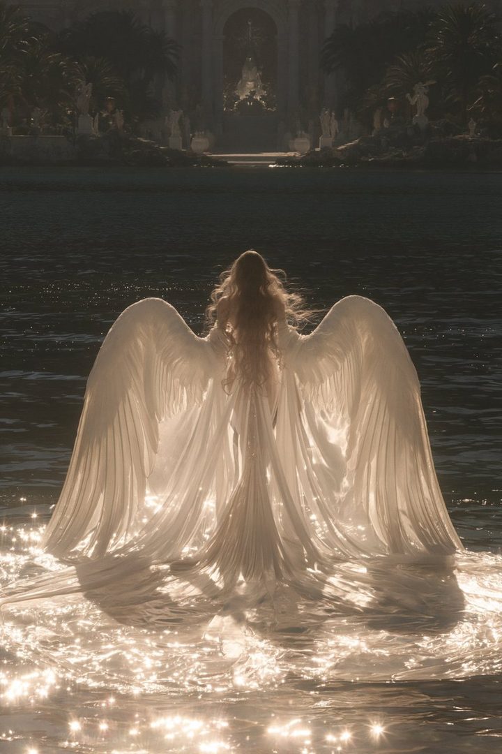 A woman with long blonde hair and large white wings stands in shimmering water, wearing a flowing white dress. A grand classical building is visible in the background.