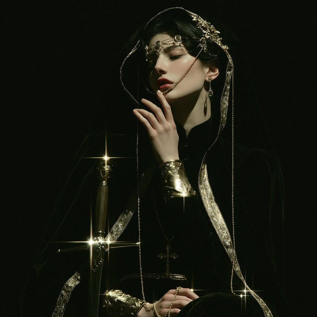 A woman with dark hair, adorned with intricate gold jewelry and a veil, poses elegantly with a sword beside her.