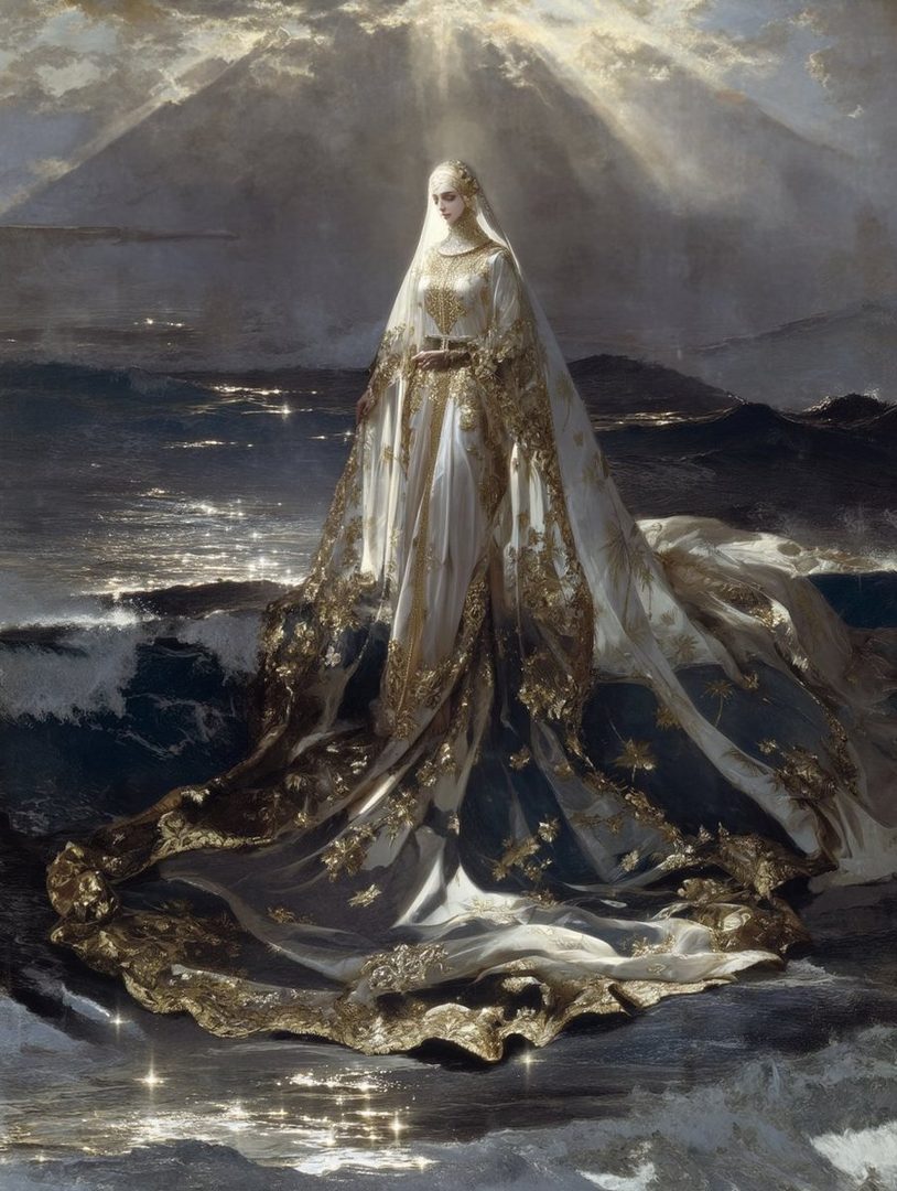 A woman in an ornate white and gold gown stands on a rocky shore with waves crashing around her, bathed in dramatic sunlight.