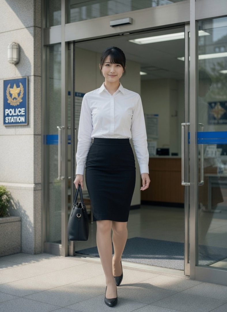A young East Asian woman in a white blouse and black pencil skirt walks towards a police station entrance, holding a black handbag.