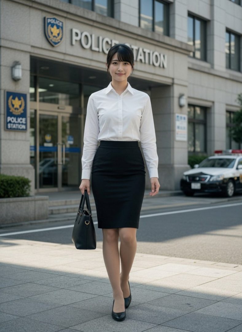 A young Japanese woman in a white blouse and black skirt walks in front of a police station.
