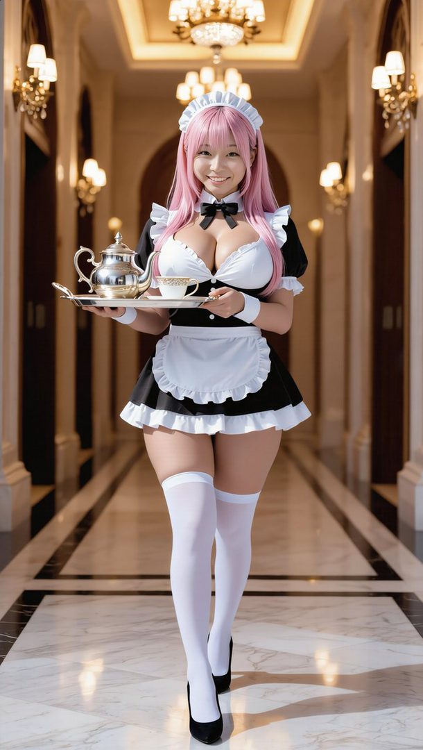 A smiling woman with pink hair dressed as a maid, holding a tea tray with a teapot and cup, in an elegant indoor hallway.