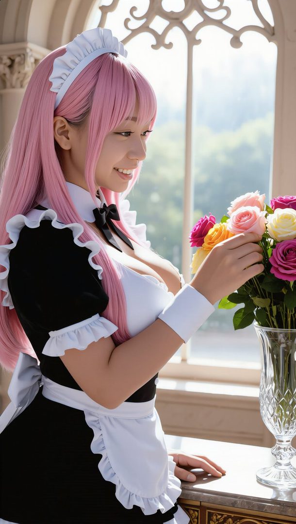 A young woman with long pink hair, dressed as a maid, holding a bouquet of roses indoors.
