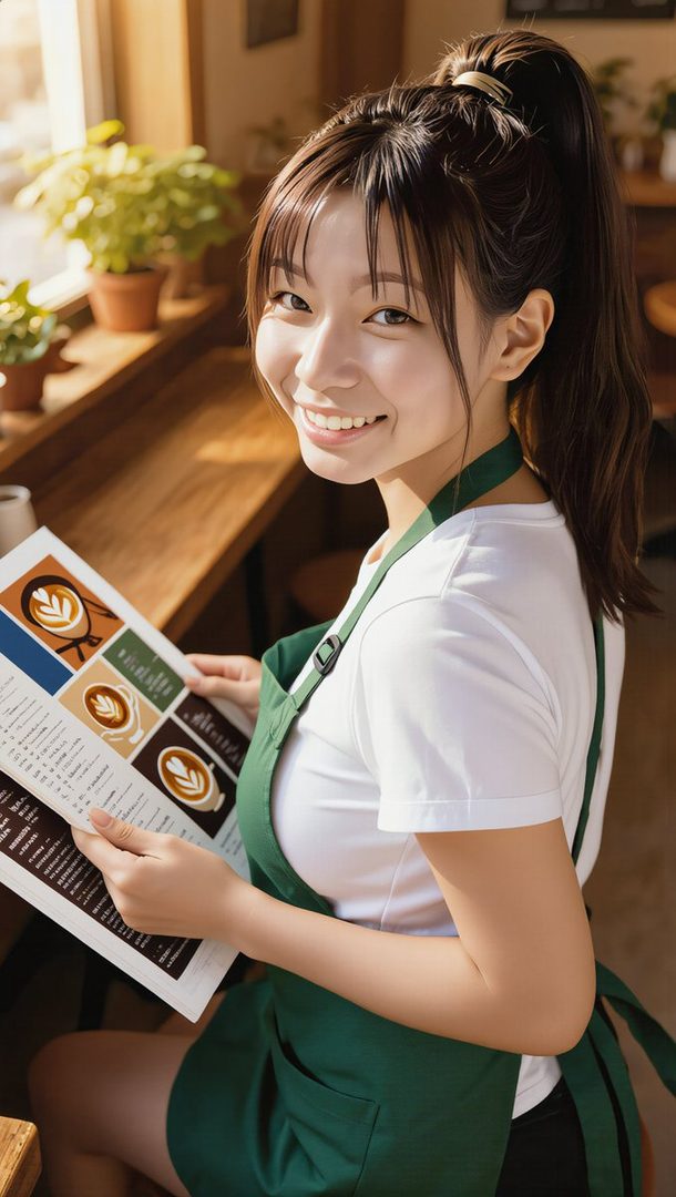 A smiling young East Asian woman with her hair in a high ponytail, wearing a white t-shirt and a green apron, holds a menu with coffee art.