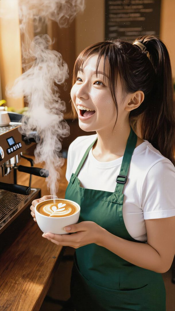 A cheerful young woman in a green apron holds a latte with heart art, steam rising from the coffee machine behind her.