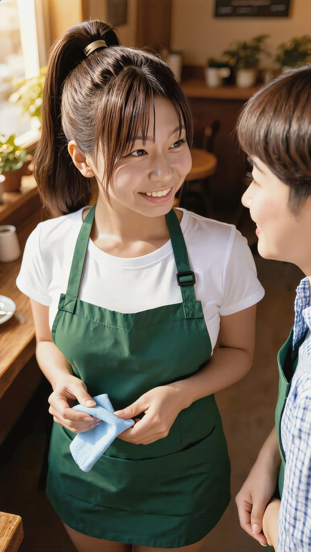 A smiling young woman in a green apron and white t-shirt, with her hair in a high ponytail, talks to another person in a cafe setting.