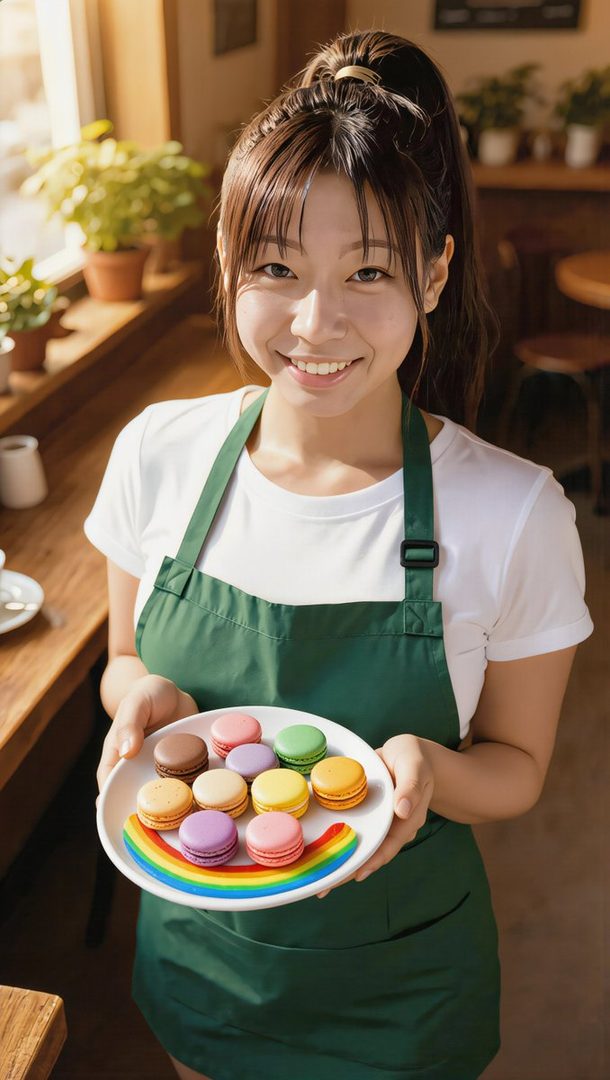 A smiling young woman wearing a green apron holds a plate of colorful macarons with a rainbow design on the plate, in a cafe setting.