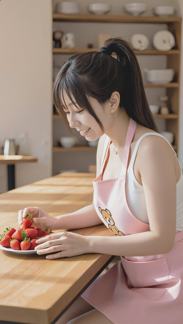A young woman with a ponytail, wearing a pink apron, smiles while preparing strawberries in a bright kitchen.
