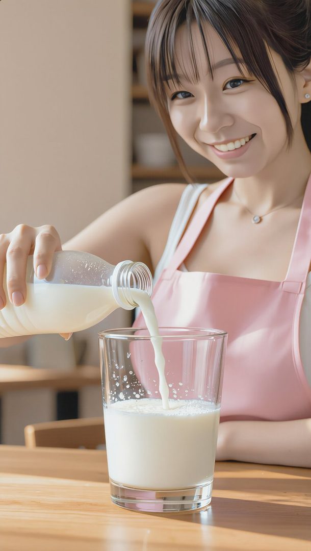A young East Asian woman with bangs and a ponytail, wearing a pink apron, smiles as she pours milk into a glass in a bright, indoor kitchen setting.