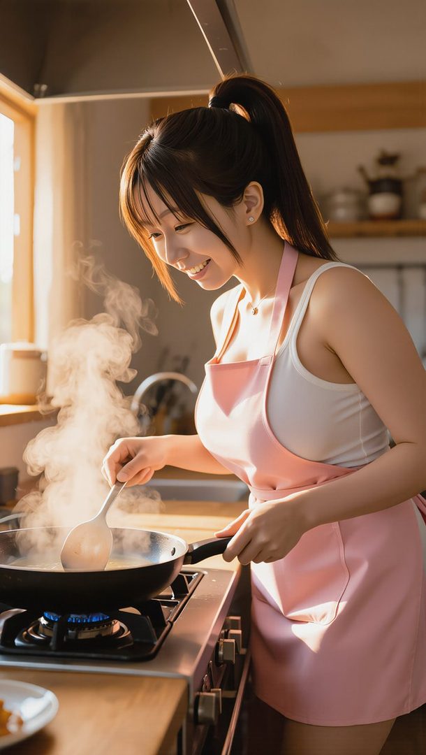 A young woman with her hair in a ponytail, wearing a pink apron over a white tank top, smiles as she cooks in a bright, sunlit kitchen.