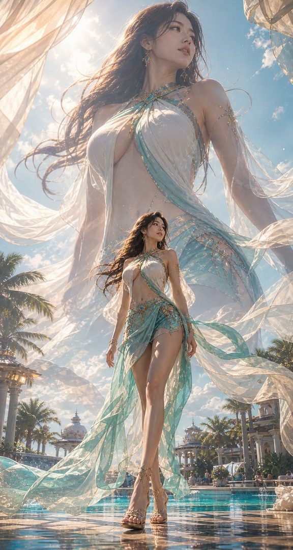 A beautiful East Asian woman in a flowing white and teal dress stands by a pool, with a larger, ethereal version of herself in the background.