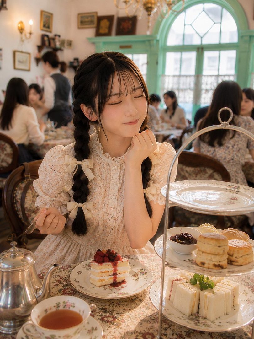 A young East Asian woman with braided black hair and bangs, wearing a floral dress, enjoys an afternoon tea with cake and scones in a charming cafe.
