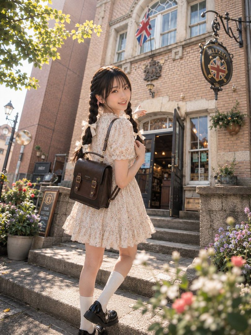 A young East Asian woman with braided hair and a floral dress stands on steps outside a cafe, holding a satchel.