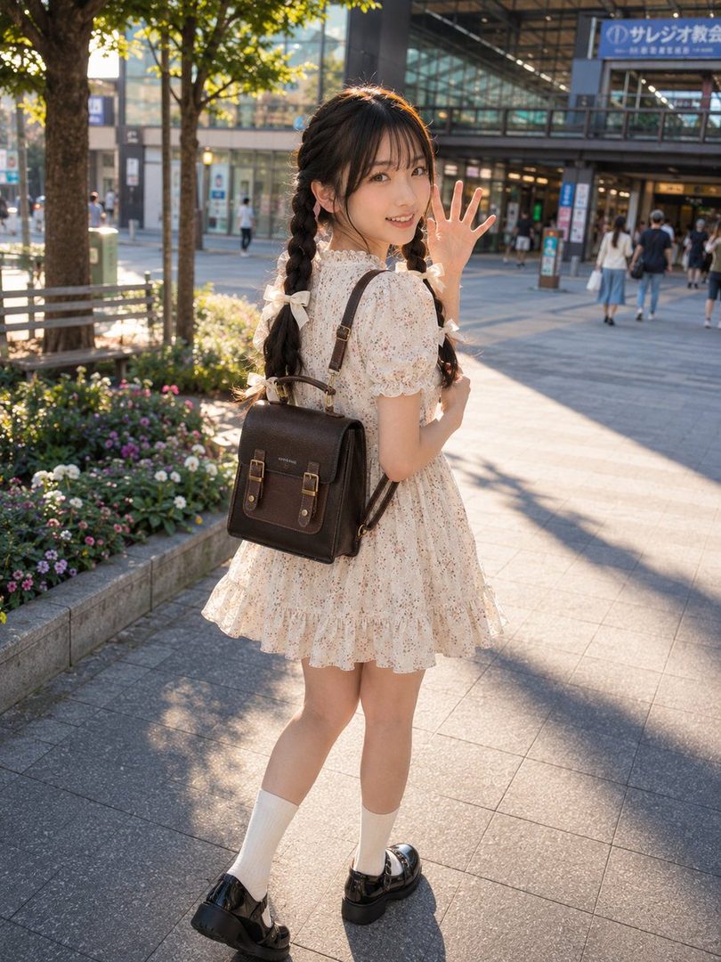A young woman with braided hair and a floral dress waves hello while standing on a sunny street.