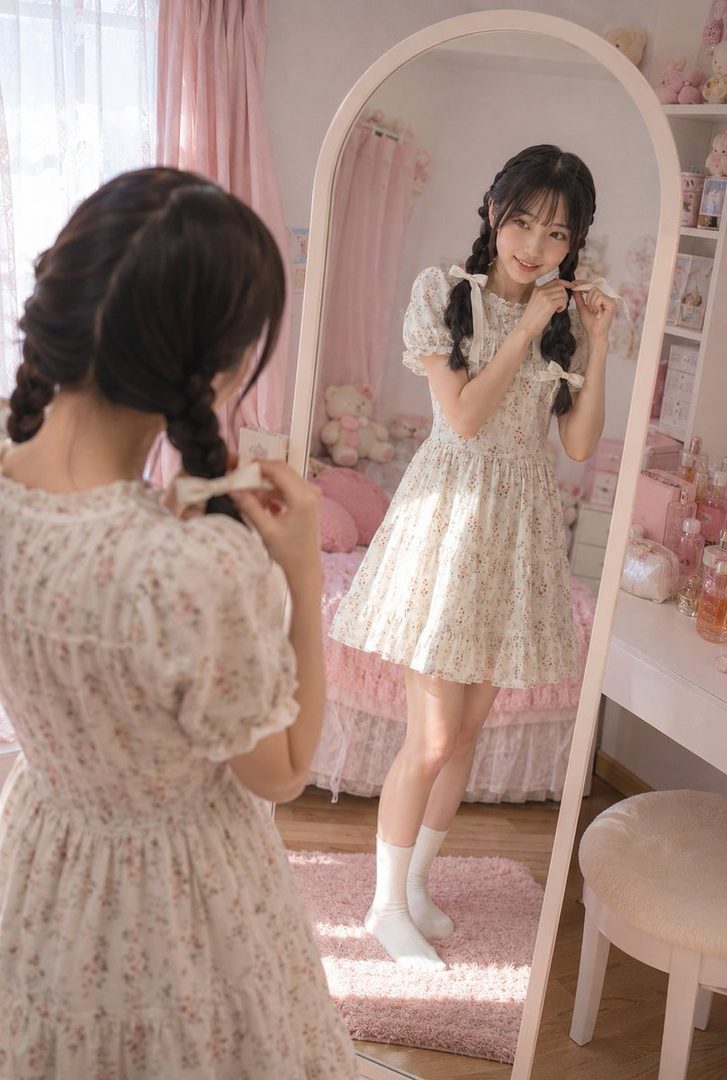 A young East Asian woman with braided hair and a floral dress stands in front of a mirror, preparing to go out.