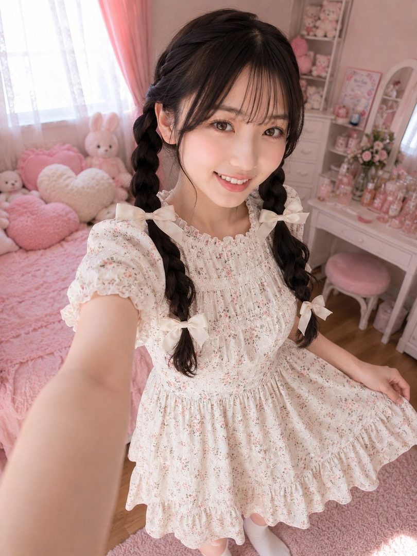 A young Japanese woman with black braided hair and bangs, wearing a white floral dress, smiles at the camera in a pink-themed bedroom.