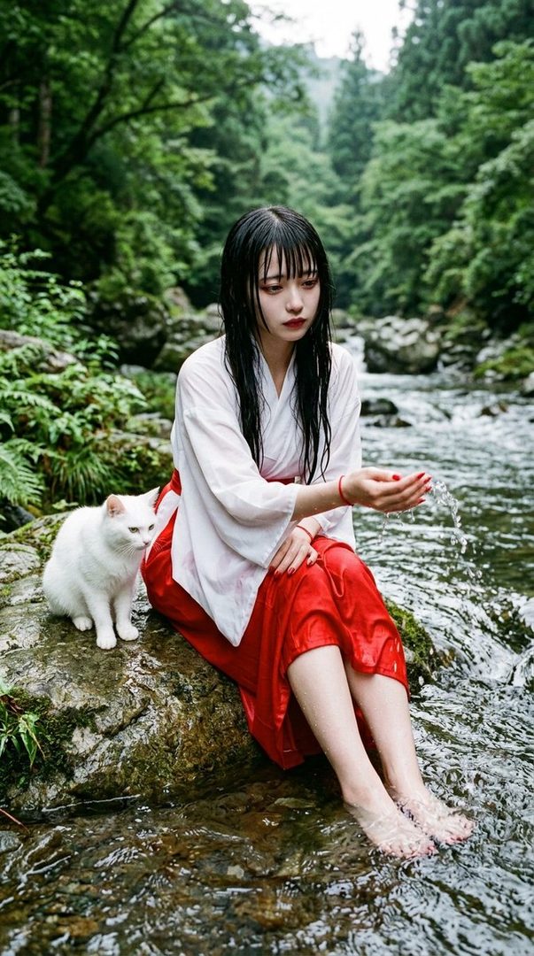 A young woman with long black hair sits by a stream in a forest, wearing a white top and red skirt, with a white cat beside her.