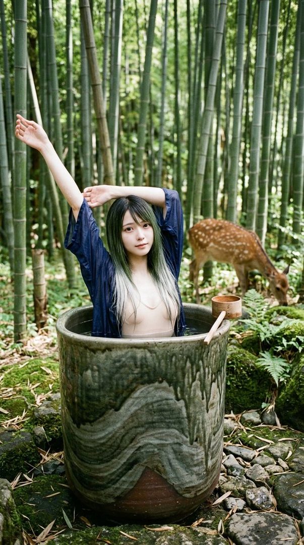 A young woman with ombre hair sits in a large ceramic tub in a bamboo forest, with a deer in the background.
