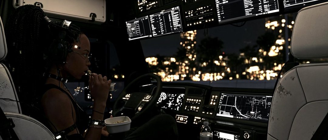 A woman with braided hair and glasses is seen from the side, eating in a vehicle at night with city lights in the background.