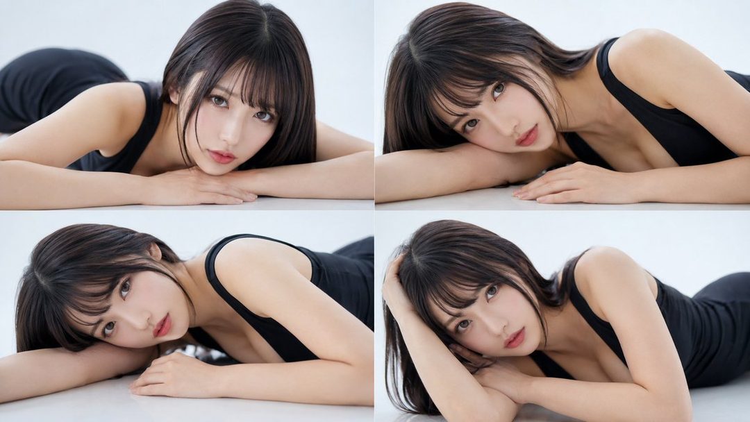 A collage of four studio portraits of a young East Asian woman with long black hair, wearing a black tank top, posing on a white floor.