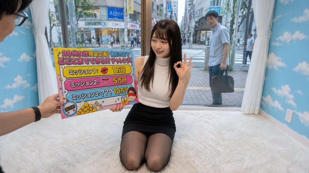 A young Japanese woman in a white turtleneck and black skirt kneels on a fluffy white rug, holding a colorful sign with Japanese text and icons. She is making an 'OK' gesture with her right hand.