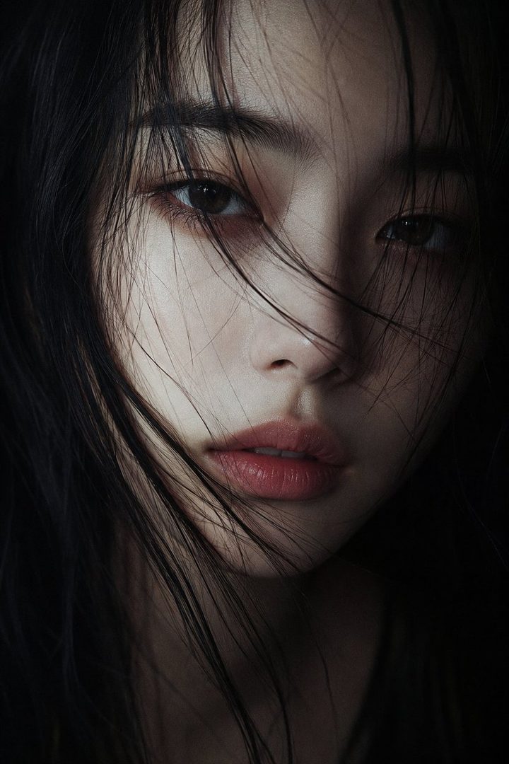 Close-up cinematic portrait of an East Asian adult woman with long, slightly messy black hair falling across her face, porcelain skin, and deep expressive eyes.