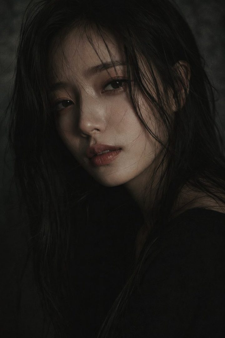 A cinematic close-up portrait of a young East Asian woman with long, dark, slightly messy hair, looking directly at the camera with expressive eyes and soft lips, under dramatic low-key lighting.