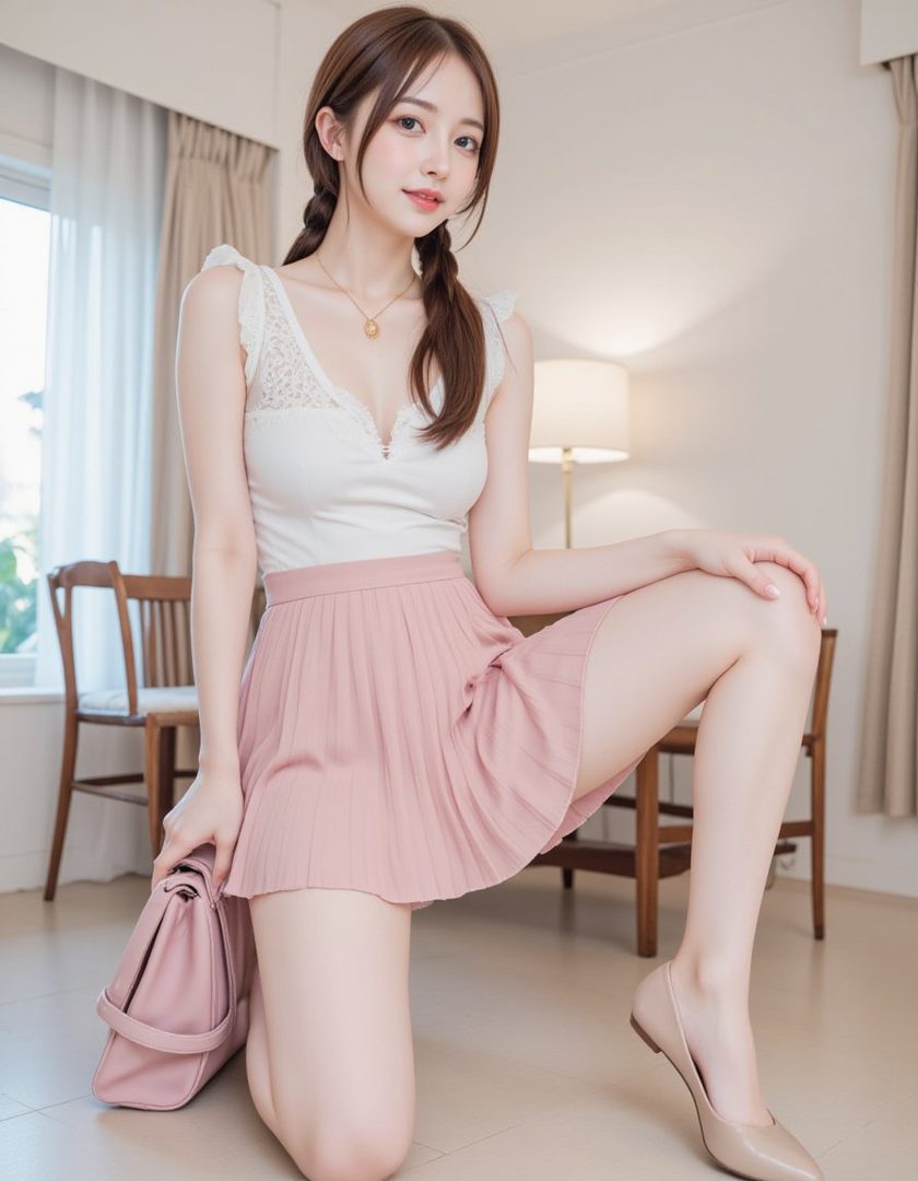 A young East Asian woman with brown hair in braids, wearing a white lace top and a pink pleated skirt, posing indoors.