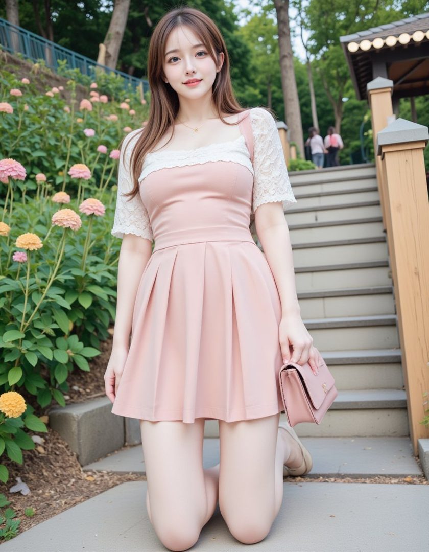 A young woman with long brown hair kneels on a path, wearing a pink pleated skirt and a white lace top, with flowers and stairs in the background.