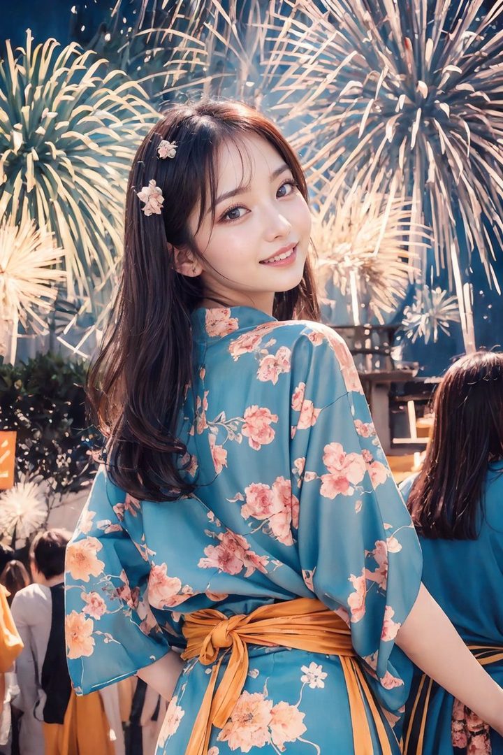 A young East Asian woman with long dark hair smiles over her shoulder, wearing a blue floral kimono with an orange obi, with fireworks in the background.