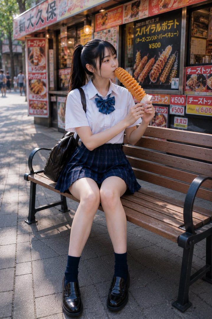 A young woman in a school uniform sits on a bench outside a food stall, eating a spiral potato.