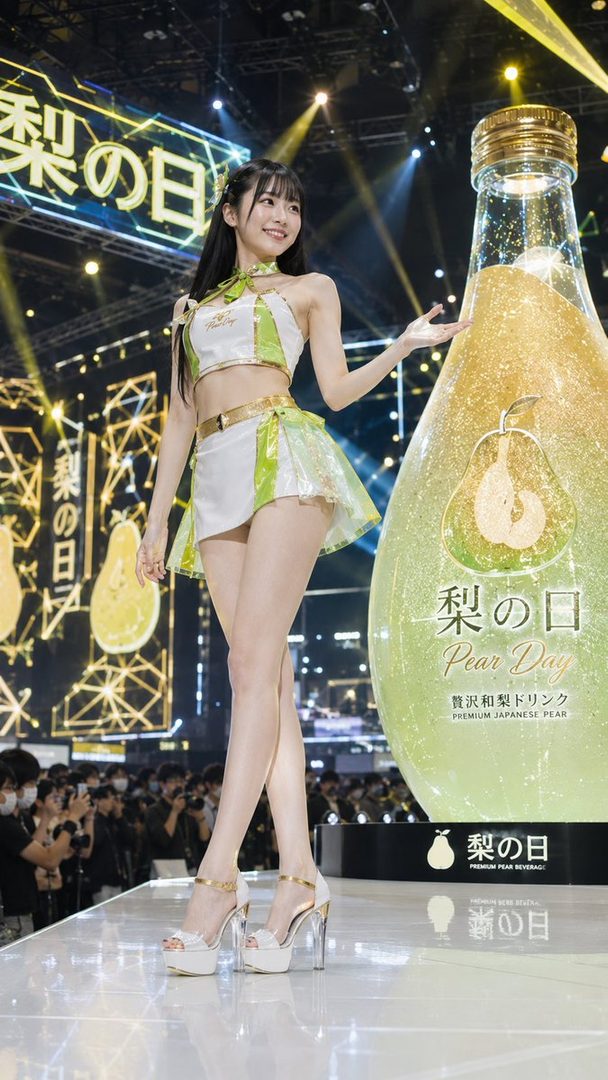 A young woman in a white and green outfit poses on a stage next to a giant pear-shaped bottle, promoting 'Pear Day'.