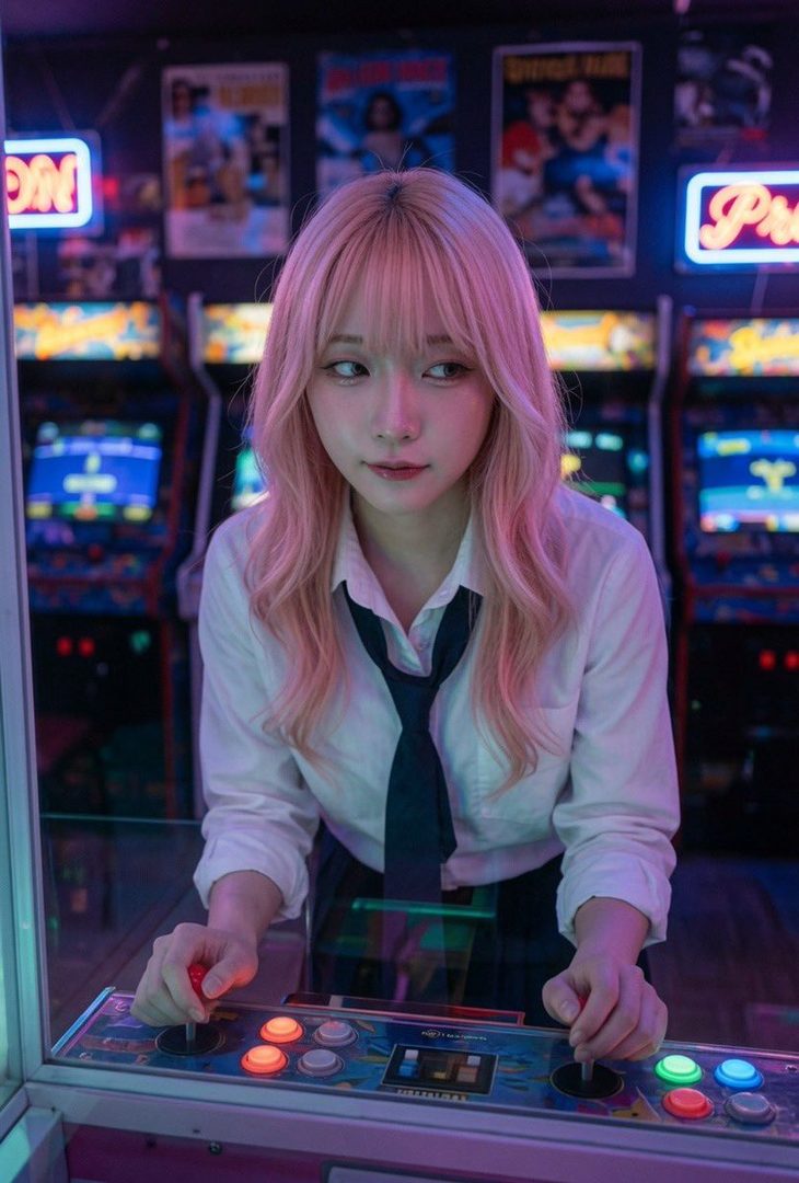 A young woman with long pink hair and bangs, wearing a white shirt and tie, plays an arcade game in a neon-lit arcade.