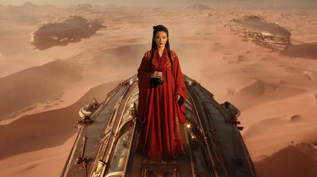 A woman in a red traditional Chinese dress stands on a futuristic structure in a desert landscape with airships in the background.
