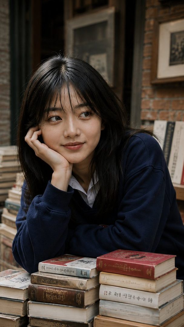 A young East Asian woman with long black hair and bangs, wearing a navy blue sweatshirt over a white collared shirt, rests her chin on her hand, looking to the side with a gentle smile. She is surrounded by stacks of old books.