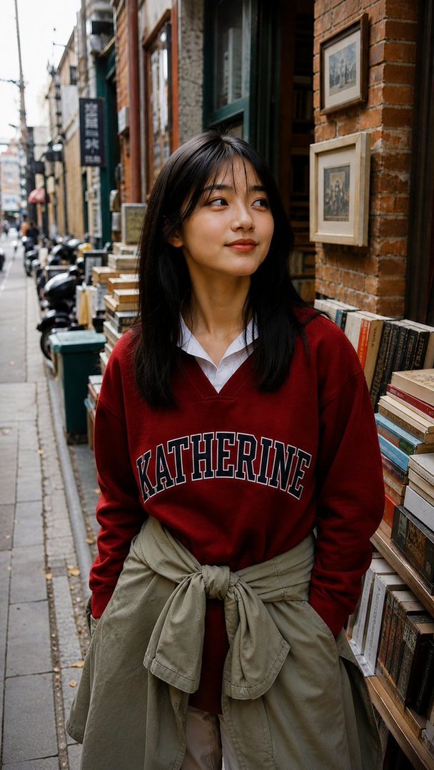 A young East Asian woman with long black hair stands on a street lined with bookshelves, wearing a maroon sweatshirt and a light green jacket tied around her waist.