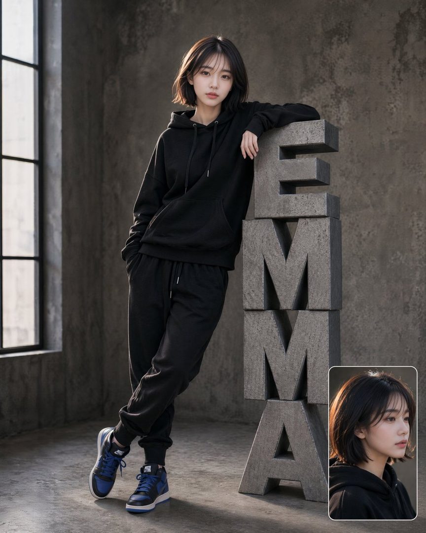 A young woman with short black hair wearing a black hoodie and sweatpants poses next to large stone letters spelling 'EMMA' in an indoor setting.