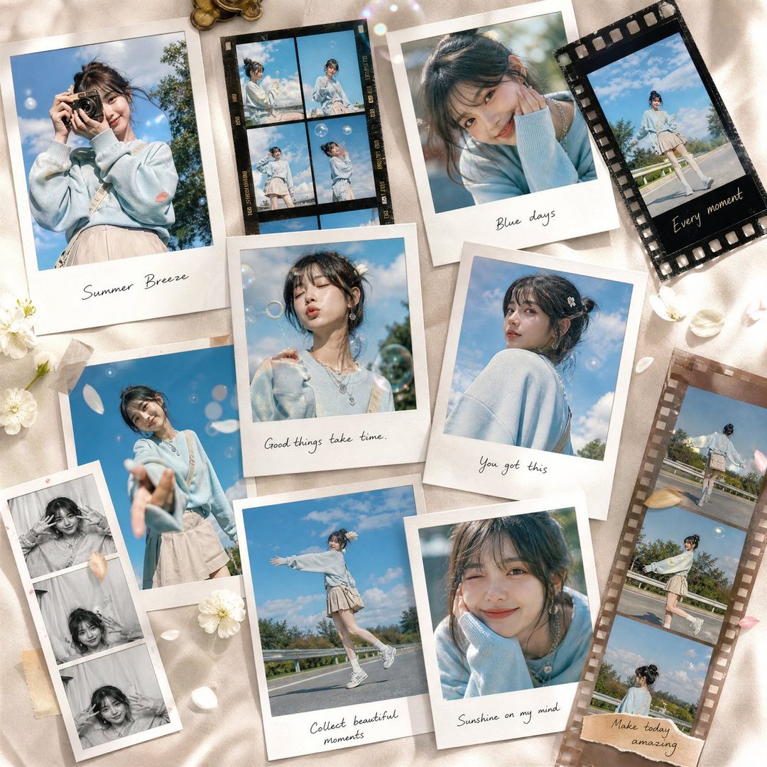 A collection of polaroid-style photos featuring a young East Asian woman with dark hair, wearing a light blue sweatshirt and a beige skirt, posing outdoors.