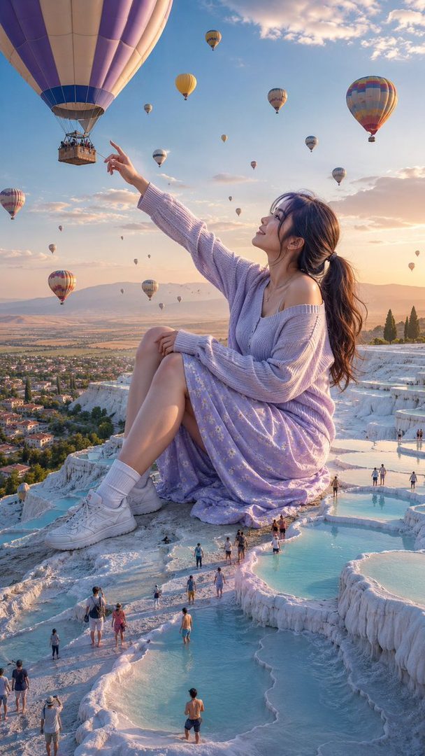 A woman in a purple dress sits on a white travertine terrace, reaching towards hot air balloons floating in the sky at golden hour.