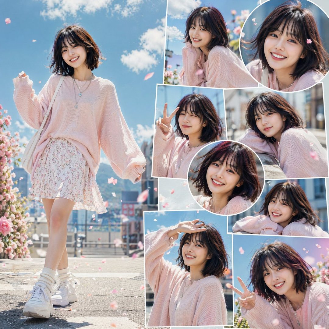 A young East Asian woman with short dark hair smiles and poses in a pink sweater and floral skirt, with cherry blossoms falling around her.