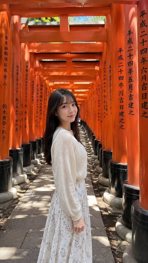 A young woman with long black hair smiles gently while standing between rows of vibrant orange torii gates at a shrine.