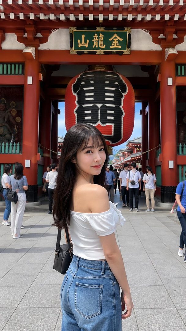 A young woman with long dark hair, wearing a white off-the-shoulder top and blue jeans, smiles over her shoulder in front of a large red lantern and traditional Japanese temple gate.