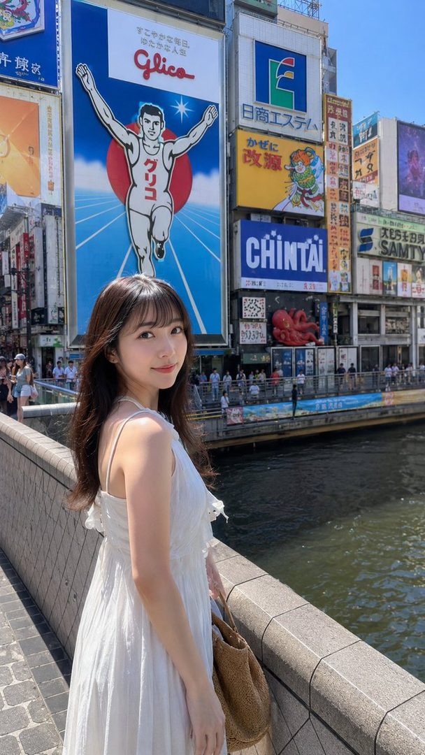 A young Japanese woman in a white dress stands on a bridge with a city skyline and large billboards in the background.