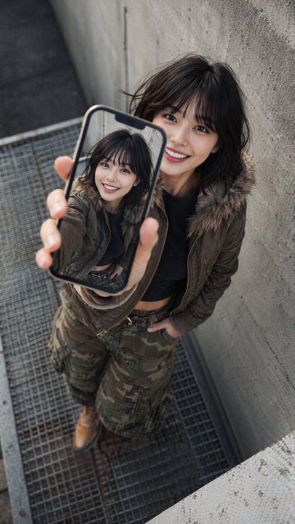 A smiling woman with short dark hair and bangs holds up a smartphone displaying her own image, wearing a fur-lined jacket and camouflage pants.