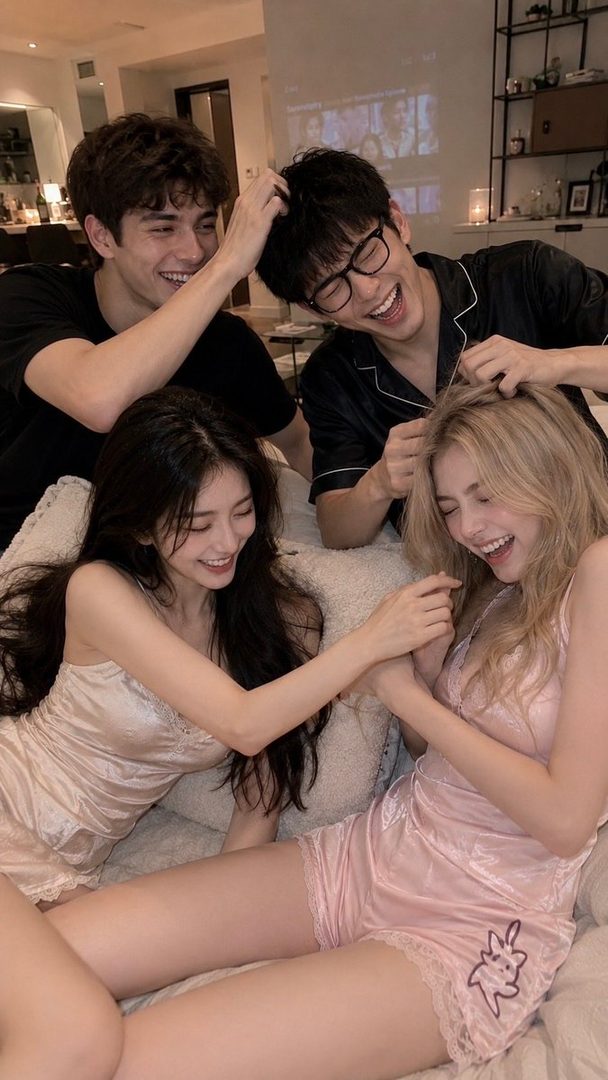 Four young adults in pajamas laughing and playing together indoors.