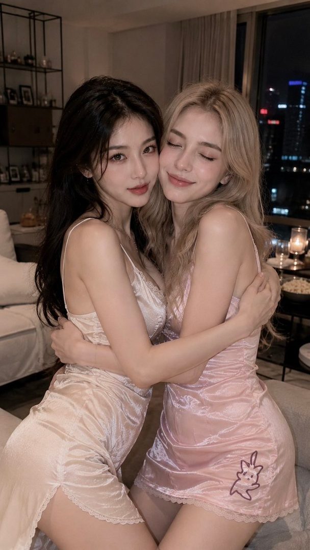 Two young women in silk nightgowns hugging indoors, with city lights visible in the background.
